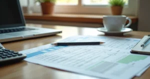 Calculadora, lápis e documentos fiscais sobre mesa de escritório organizada